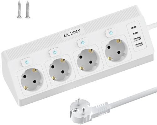 8 in 1 Ecksteckdose Steckdosenleiste mit 4 USB, Mehrfachsteckdose 2M Kabel | Weiß Einzeln Schaltbar 3680W 16A 4 Fach Steckerleiste Überspannungsschutz Mehrfachstecker Wandmontage, für Küche Büro