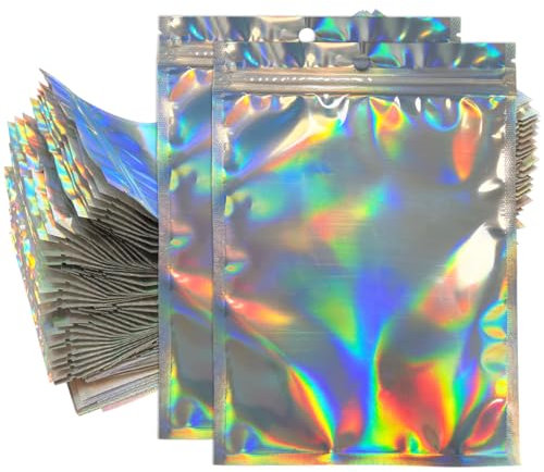 OTYMIOW 100 Bolsas Holográficas Brillantes de Plástico Resellables 14 x 20 cm Bolsas de Embalaje Holográficas de PET Bolsas Herméticas con Cierre Hermético, Embalaje Holográfico Transparente
