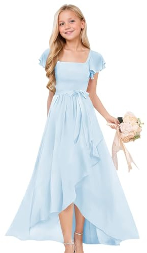 Clothfun Light Blue Chiffon Square Neck Flower Girl Dress High Low A Line Chiffon Confirmation Dress for Girls Size 8