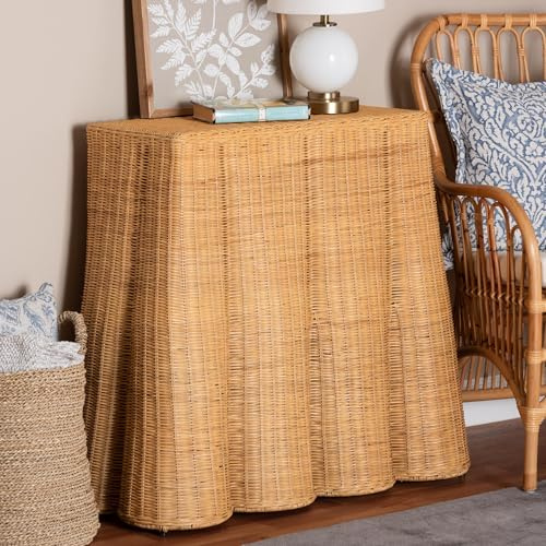Bali & pari Palm Scallop Natural Rattan Console Table – Handwoven Wicker Accent Table for Hallway or Entryway, Coastal & Boho Décor, 36-inch Wide, Rectangular