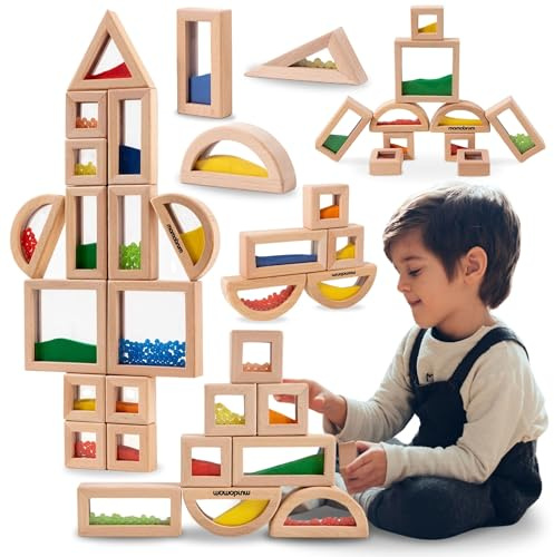 mamabrum MAM218 – Blocchi Sensoriali in Legno con Riempimento Visivo e Sonoro | 15 Pezzi | Giocattolo Montessori Educativo per Bambini da 2 Anni | Apprendimento di Forme e Colori