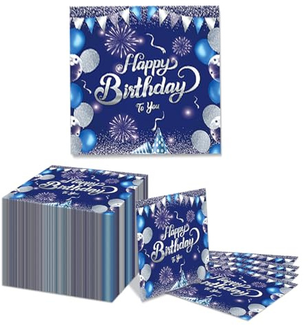 Shimmerz 100 Stück Servietten Geburtstag Blau Geburtstags Papierservietten, Blau mit Silber für Mädchen und Junge Party, 16,5 cm Quadrat Servietten, Party Deko