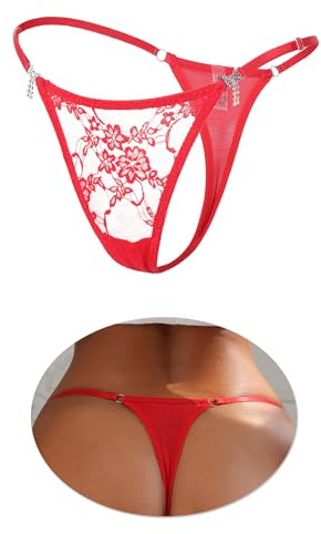 ohmydear Damstringtrosa med strass, låg midja, G-string, T-rygg, erotiska underkläder, trosor för kvinnor, andas, tunn stringtrosa stora storlekar, röd, M