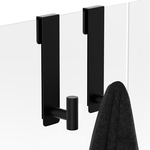 WUIVIUT T-Shape Heavy-Duty Stainless Steel Over The Door Shower Hooks - Frameless Glass Shower Door Hooks for Bathroom Towel Holder 19 cm Hook for Robe, Towels, Shower (2-Pack, Black)