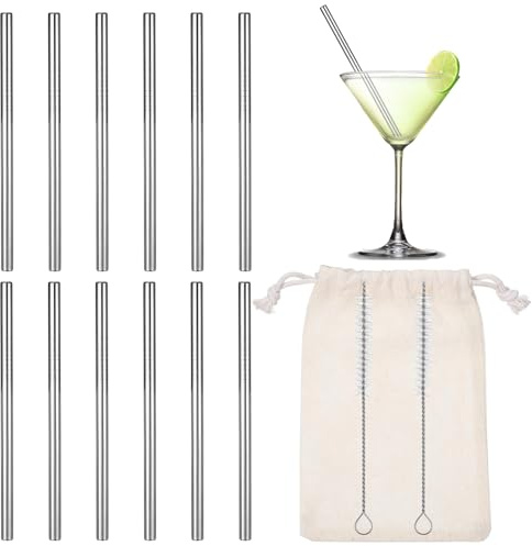 JIEYAO Paquete de 12 pajitas cortas de metal de 4.7 pulgadas, pajitas reutilizables de acero inoxidable con cepillo de limpieza, pajitas para café, cócteles, vasos pequeños o tazas