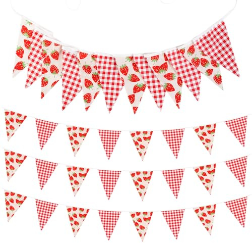 Strawberry Pennant Banners, 12M Strawberry Party Decorations Triangle Flag, Fabric Bunting Banner for Berry Sweet Girls Birthday Rustic Outdoor Garden Party Decor
