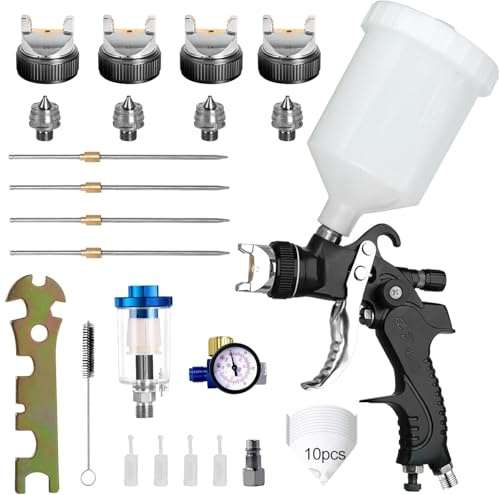 HVLP - Pistola a spruzzo con 4 ugelli da 1,4 mm, 1,7 mm, 2,0 mm, 2,5 mm, sistema a spruzzo a colori, con bicchiere di plastica da 600 ml, con regolatore di pressione dell'aria
