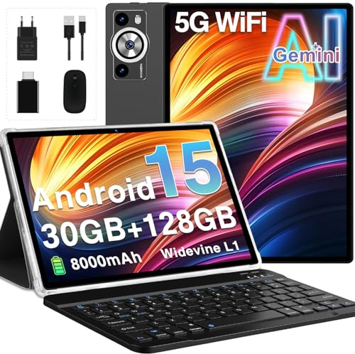 2026 Tablet Android 15 Gemini AI, 30GB RAM+128GB ROM/2TB Tablet 10 Pollici, 8000mAh, 5G WiFi, Corpo Metallico, Unisoc Octa Core/5+8MP/Widevine L1/Face ID/BT5.0/GPS Tablets con Tastiera e Mouse - Nero