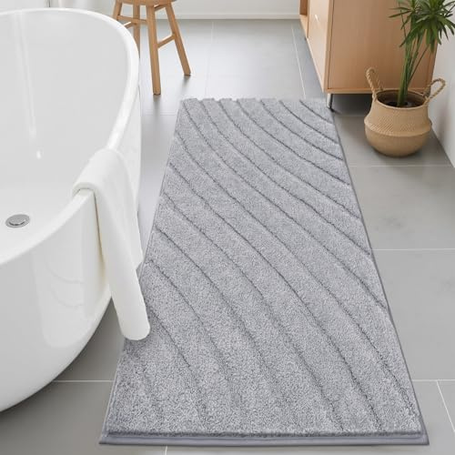 SHACOS Tappetino da bagno antiscivolo, 60 x 120 cm, in microfibra, assorbente, lavabile in lavatrice, ultra morbido, per bagno, grigio chiaro