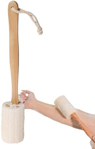 Loofah Back Brush for Shower,Body Scrubber Stick - Shower Back Brush Natural Exfoliator Loofah with Long Wooden Handle for Elderly