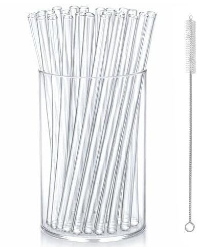Greenland 20er Set Glas Trinkhalme mit Reinigungsbürste – 21,5 cm Lang, 7 mm Innendurchmesser – Wiederverwendbare Glasstrohhalme für Smoothies, Eiskaffee & Getränke
