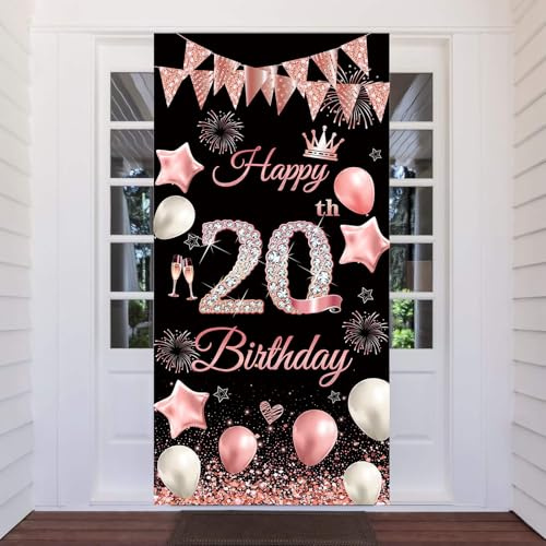 20. Geburtstag Banner, 20 Jahr Geburtstag Deko Tür Hintergrund für Frauen Männer, 20 Geburtstag Party Dekoration Türbanner für Geburtstagsfeier Willkommensschild, 180 x 90cm (Schwarz Rosa-20)