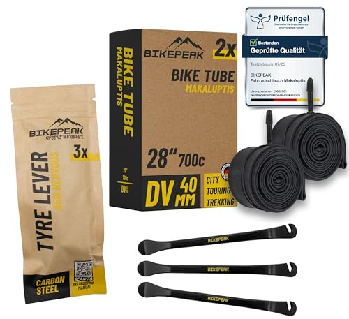 BikePeak 2X Fahrradschlauch Touring 28 Zoll mit schwarzem Dunlopventil 40mm - Schlauch DV Blitz Ventil, ETRTO 28/47-622/635, 700C - 2er Set Schläuche Makaluptis + 3X BikePeak Reifenheber