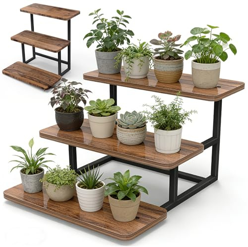 IDUNSEED Blumenregal 3-stufig, stabil Pflanzenständer Holz und Metall, innen außen Blumenleiter für Wohnzimmer Deko, Blumenbank für Garten Balkon Büro, 55 x 40 x 28 cm