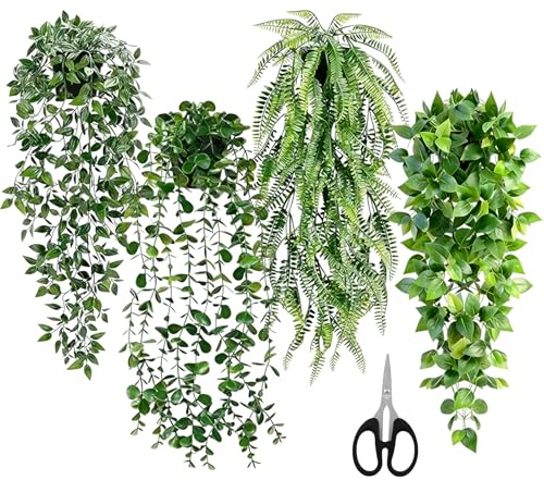 Hiuyavy 4 Pack Artificial Hanging Plant, Black Pots and Stainless Steel Scissors, Fake Ivy Faux Plant, Hanging Artificial Plants Indoor for Home Room Wall Shelf Bathroom Office Indoor Outdoor Decor