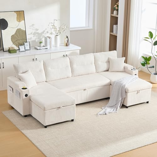 Sapgaks Canapé Convertible 4 Places avec Porte-gobelets,Ports USB,Rangement intégré,canapé d'angle Convertible en U avec méridiennes Double Face,canapé lit Moderne en Velours côtelé (I-Beige)