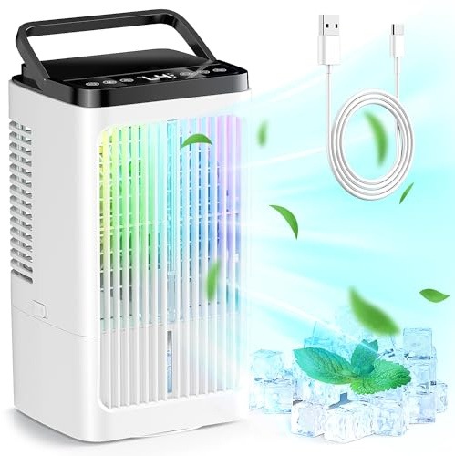 Klimaanlage Mobil, Mini Luftkühler, mit 2 Sprühstufen & 4 Geschwindigkeitsstufen, 1200ml Wassertank, 7 Farben Nachtlicht, 1-8 Stunden Timer, für Schlafzimmer und Büro (Cremeweiß)