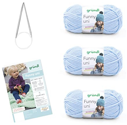 Gründl Wolle Funny uni - weiche Chenille Wolle mit Nadel und Anleitung für eine Babydecke - Kuschelig und hautfreundlich - 100% Polyester - 3 Knäuel 100 g / 120 m - Nadelstärke 5-6, Pastellblau
