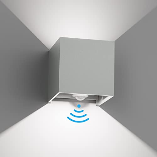 Klighten 12W applique murale avec détecteur de mouvement, étanche IP 65 applique murale extérieure, 6000K blanc froid, avec faisceau lumineux réglable, gris clair