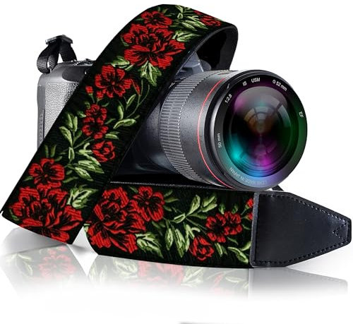 Camera Strap - Shoulder, Crossbody & Neck Camera Strap for Photographers, Fits All Cameras, Canon Nikon Sony Fujifilm, Padded Strap W/ Quick Release, Embroidered Cotton & Leather Ends, Red Roses