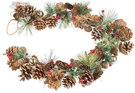 Idena 30224 - LED Weihnachtsgirlande mit Lichterkette und 10 LEDs in Warmweiß, 6 Stunden Timer Funktion, batteriebetrieben, ca. 1 m lang mit Tannenzapfen, als Winter-, Advents- und Weihnachtsdeko