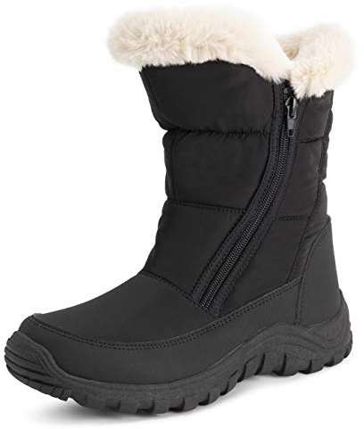 Polar Femmes Mousse A Mémoire Ouverture Double Fermeture Eclair Nylon Imperméable Fausse Fourrure Doublée L'hiver Bottes De Neige - Noir/Beige - UK10/EU43 - YC0662