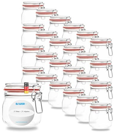 BAUER Flaschenbauer - 24-teiliges Set Drahtbügel-Vorratsgläser 634ml, geeignet als Einmach- und Fermentierglas, zur Aufbewahrung, zum Befüllen, Drahtbügelgläser Inklusive Etiketten - Made in Germany