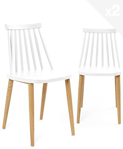 KAYELLES Lot de 2 - Chaise de Cuisine à barreaux bistrot café rétro scandinave, Pieds métal façon Bois Clair BAO (Blanc)