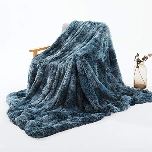 BYM Kuscheldecke Wohndecke 2m*1,6m Doppelseitig aus Warmem Weichem Plüsch Wolldecke Flauschige Felloptik Tagesdecke (Blau Weiß)