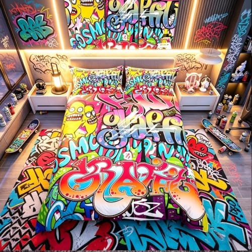 Homemissing Set de linge de lit motif graffiti, style hippie, style graffiti, pour enfants, garçons, culture de rue, linge de lit et lin, décoration de chambre King-Size