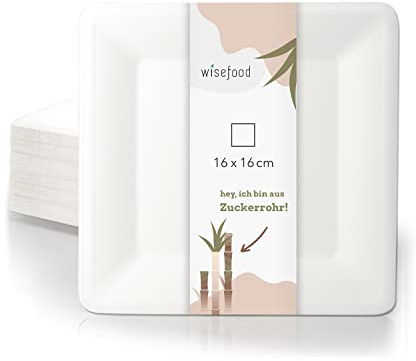 wisefood Piatti in canna da zucchero, 200 pezzi, piatti usa e getta, quadrati da 26 cm, piatti di carta