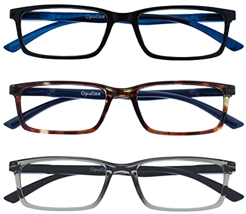 OPULIZE SEE Blaulichtfilterbrille für Damen Herren, Blendfreie UV400-Schutz Federscharnier Anti-Müdigkeit, Rechteckiger Rahmen, Computerbrillen Gaming, 3er-Pack Schwarz Braun Grau