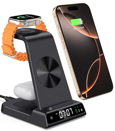 Station de Charge pour iPhone 17, Chargeur sans Fil 3 en 1 avec Horloge pour iPhone 16/15/14/13/12/11, Chargeur Induction pour Apple Watch Ultra/11/10/9/8/7/6, Airpods Pro/4/3(sans Adaptateur)