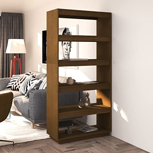 Makastle Bücherregal Regal Würfelregal Standregal mit 5 offenen Fächern, Schrankregal Modular für Wohnzimmer, Arbeitszimmer, Büro, als Raumteiler, Honigbraun 80x35x167 cm Massivholz Kiefer
