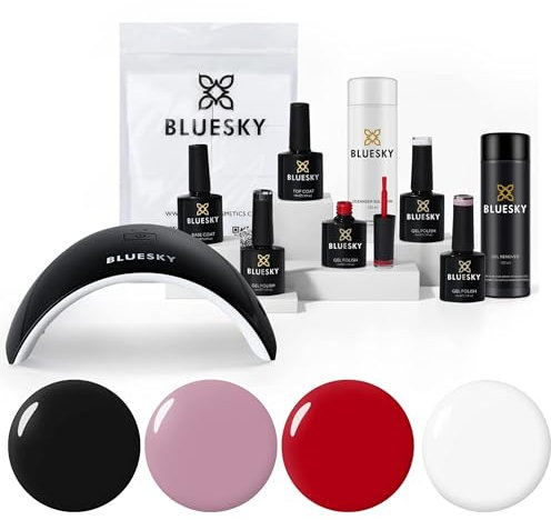 Bluesky Professional Gel Nail Polish Starter Kit With 24W Uv Led Lamp, Top & Base Coat, 4 Gel Nail Polishes - Red, Black, Pink, White, Cleanser & Acetone Remover, Lint Free Wipes