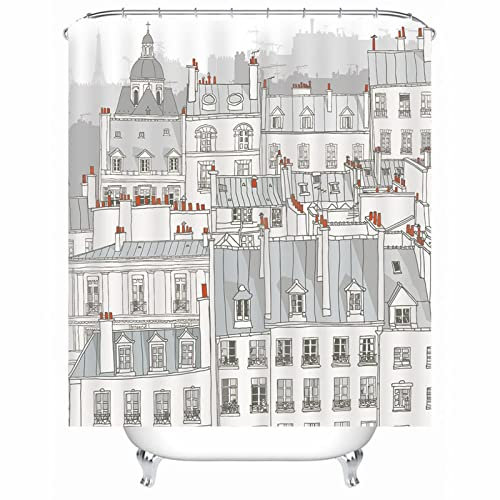EHOMERY Cortinas De Baño Hermosas Cortina Ducha Paraguas Edificios Cortinas Juego Baño Cortina De Ducha Nature Polyester Blanco Gris Ojales De Acero Inoxidable Y 12 Ganchos, 160X180Cm