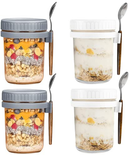 Overnight Oats Jars, Overnight Oats Container with Lid and Spoon, 10 oz Glass Mason Overnight Oats Jars with Measurement Marks, Large Capacity Airtight Jars for Milk, Cereal, Fruit (White2 And Grey2)