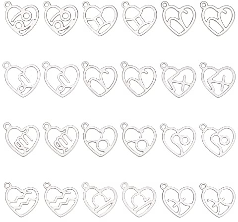 SUNNYCLUE 1 Box 24 Stück 12 Stile Sternzeichen Charms Sternzeichen Charm 304 Edelstahl Herz Charms Flach Rund Sternbild Charm Für Schmuckherstellung Charms DIY Armband Halskette Knöchel Basteln Frauen