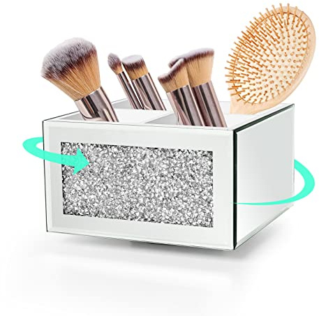 SWTHONY Make-up-Pinselhalter, um 360 Grad drehbar, silberfarben, 4 Schlitze, zerkleinertes Diamantglas, verspiegelte Kosmetikpinsel-Aufbewahrung, Eyeliner, Augenbrauen, Bleistift, Vitrine