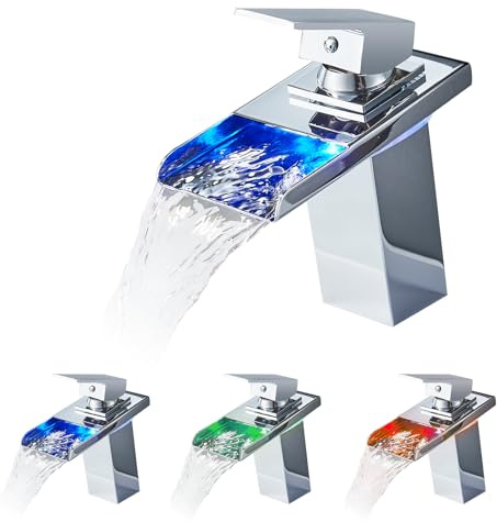 LED Wasserfall Wasserhahn, RGB 3 Farbewechsel Waschtischarmatur mit Temperatursensor,KEOKBON Beleuchtung Bad Armatur aus 304 Edelstahl Einhebelmischer Warmes und kaltes Waschbeckenarmatur, Chrom
