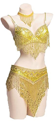 AGAATI Bauchtanz-Kostüme für Damen mit Fransen, Tribal-Tanz-Outfits, Bauchtanz-Oberteil, BH und Bauchtanz-Gürtel, 2-teiliges Set (Gelb, S)