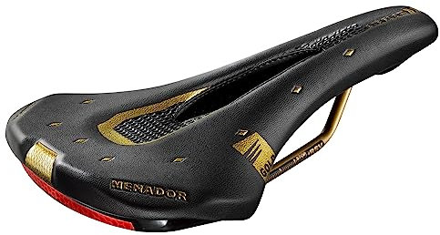 Montegrappa Menador Air Flow Fahrradsattel für Rennrad Ebike-MTB-Gravel aus Memory Schaum Polsterung in ÖkoLeder mit Sicherheitsvorrichtung für Nachtsichtbarkeit Schwarz/Gold Limited Edition
