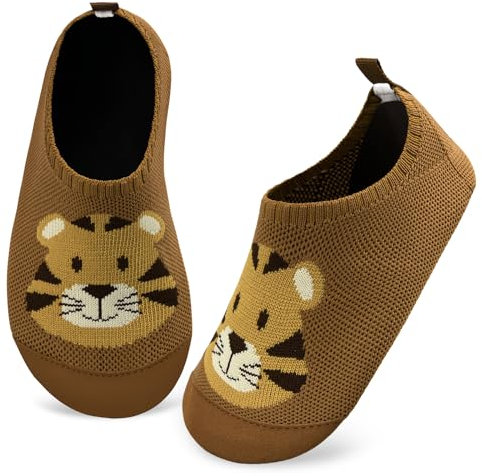 Kyopp Hausschuhe Kinder Junge Mädchen Pantoffeln Rutschfest Barfussschuhe Kindergarten Slippers für Atmungsaktive Weich Lauflernschuhe Kleinkinder Schuhe(Tiger-Curry 24/25EU)