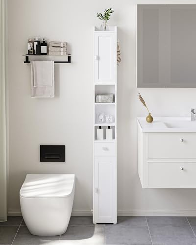 HEXCELEN Bathroom Storage Cabinet, Narrow Tall Bathroom Cabinet, Freestanding Floor Cabinets with 2 Doors and 1 Drawer, Toilets Organizer with Adjustable Shelf, 1 Hook for Small Spaces, White
