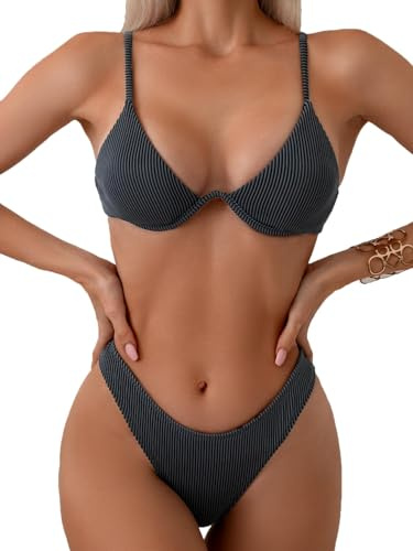 Fanuerg Women Underwire Triangle Bikini Spaghetti Strap Push Up Swimsuit Cheeky Two Piece Bathing Suit Grey M