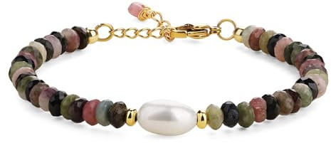 COAI Bracciale da Donna con Perline di Cristallo di Tormalina Multicolore Sfaccettata e Perla Coltivata