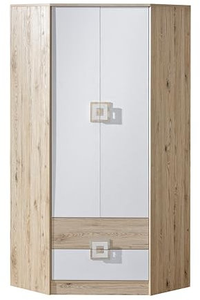 MINIO go for it - Eckschrank 87 x 190 x 87 cm Nimes, Eckkleiderschrank mit 2 Türen, 2 Schubladen, 1 Kleiderstange, 3 Einlegeböden, Eckkleiderschrank Weiß/Eiche Hell