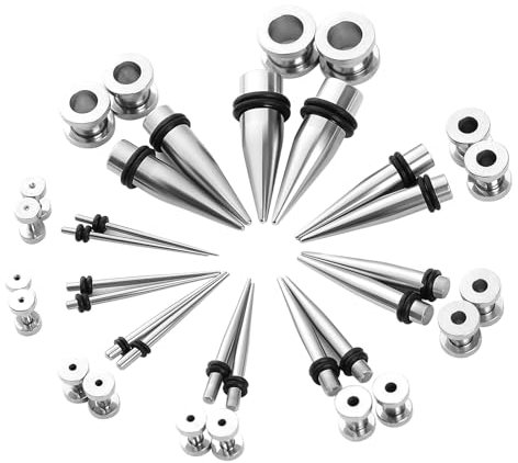 ANAZOZ Tunnel 1.6mm-10mm, Edelstahl Flesh Plug 36er Set Dehnstäbe Tunnel Herren, Ohr-Stretching Ohrringe Silber