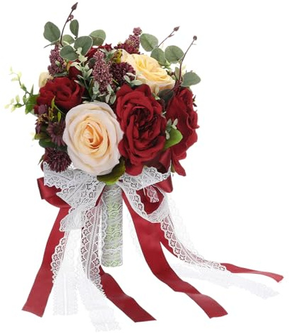 PATIKIL Bouquet da Sposa Artificiale, Bouquet da Sposa Bouquet di Fiori Nuziali con Nastro di Seta per La Cerimonia Nuziale Sposa, Damigella d'Onore, Rosso