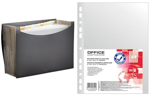 Amazon Basics Dokumentenmappe A4, Fächermappe, Schwarz & OFFICE PRODUCTS Prospekthüllen / 100 Stück/Din A4